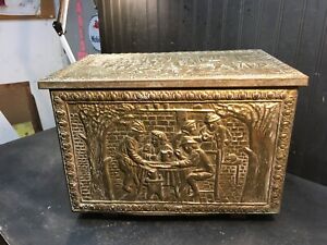 Vintage Mid Century Brass Embossed Chest Trunk 18in Hearth Fire Place Tool Chest