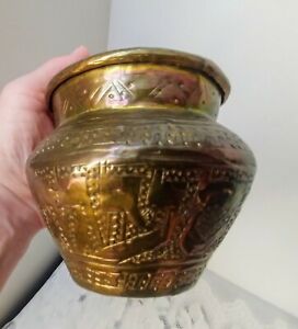 Antique Hand Made Middle Eastern Dovetailed Brass Engraved Planter Pot