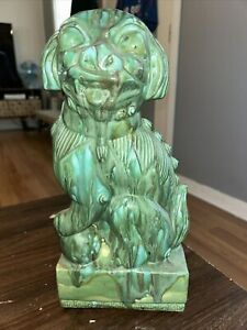 Vintage Jade Green Glazed Porcelain Foo Dog Palace Guardian 14 X7 Tall