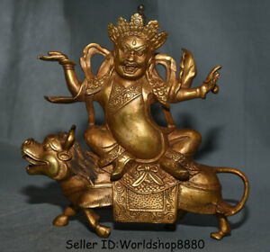 8 4 Old Tibet Temple Copper Gilt Black Jambhala Mantra Buddha Ride Beast Statue