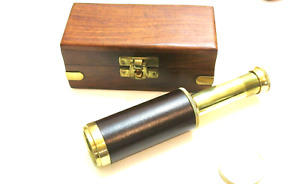 Vintage Brass Leather Wrapped Spyglass With Wooden Case 6 1 4 Long