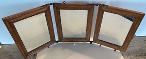 Antique Trifold Vanity Dresser Shaving Mirror Wall Tabletop Oak Wood Frame