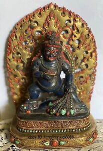 Tibet Copper Gold Gilt Inlay Lapis Lazuli Stone Black Jambhala Mahakala Buddha