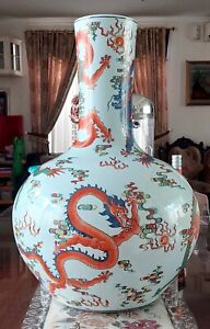Big Rare Chinese Antique Qing Dynasty Gobular Porcelain Vase Dragon Pattern