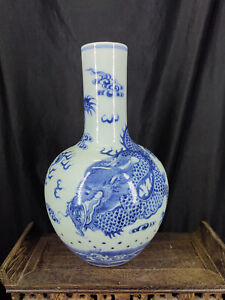 Chinese Blue White Porcelain Handpainted Exquisite Fish Dragon Vases 15692