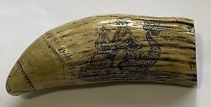 Faux Whale Tooth Scrimshaw Heavy 1 Pound Whale Hunter Prayer