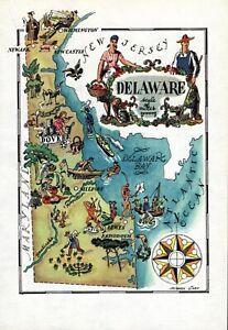 1946 Antique Delaware State Liozu Animated Picture Map Of Delaware 1620