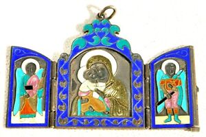 Russian Christian Religious Icon Silver Enamel Travel Triptych Daria Gad Paint