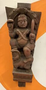 Antique Indian Small Carved Wood Panel Goddess Lord Shiva Gana Guardian Lion