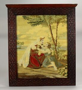  Mid 1800 S Needlework Gros Petit Point Biblical Scene In Carved Frame