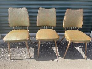 3 Vintage Chromcraft Mcm Metal Textured Vinyl Dining Chairs Floral Green Orange