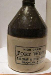 Antique Quart Crock Jug Marked Port Wine Saltman Siegelman Brooklyn Ny