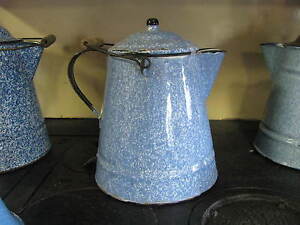 Antique Graniteware Blue Mottled Coffee Pot Large Boiler Bail Handle Nm Wow