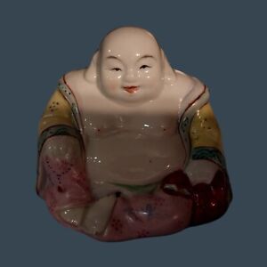 Vintage Chinese Famille Rose Porcelain Happy Laughing Buddha Small Figurine