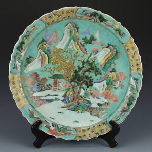 Chinese Porcelain Qing Kangxi Green Pastel Character Landscape Large Plate 10 4 