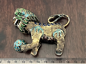 Rare Antique Chinese Foo Lion Dog Fig Gold Gilded Filigree Multicolor Enamel 3 