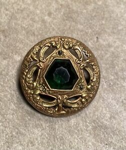 Large Gay 90s Openwork Metal Antique Button W Green Facet Glass