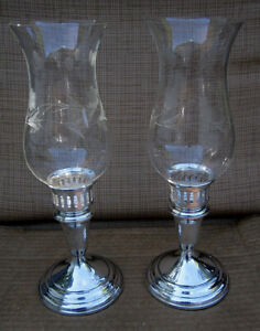 Pair Towle Sterling Silver Candle Holders W Floral Glass Shades Gift Worthy