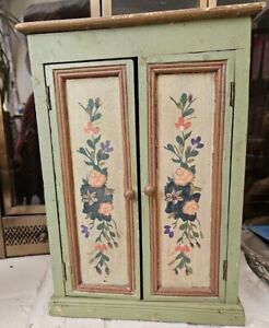 Vtg Handpainted Green Floral Wood Curio Cabinet Shabby Rustic Farm 14x10x5 In