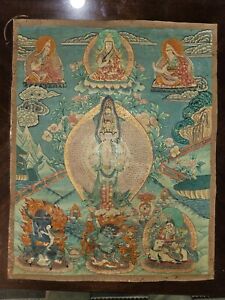 16th 18th Century Tibetan Painted Cotton Thangka Avalokiteshvara Multi Deity