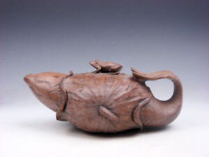Vintage Stone Crafted Teapot Carp Fish Wrapped In Lotus Leaf Shaped W Frog Lid