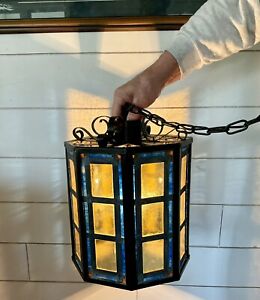 1930 S Arts Crafts Chain Drop Iron Leaded Glass Porch Entryway Light Fixture