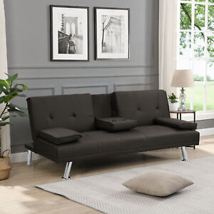 Sofa Bed With Armrest Two Holders Wood Frame Stainless Leg Brown Pvc 