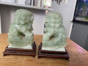 2 Vintage Asian Antique Carved Chinese Jade 5 Foo Dog Lion Sculpture Bookends