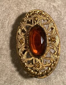 Large Gay 90s Openwork Metal Antique Button W Amber Oval Facet Glass