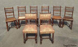 Set Eight Antique Vintage Ornate Spanish Style Dining Room Chairs W Cane Seats