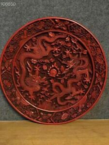 Chinese Red Iacquer Ware Handmade Carved Exquisite Dragon Pattern Plate 21921