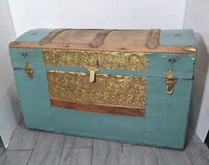 Antique Victorian Dome Top Steamer Trunk Chest Metal Wood Slats Embossed Tin