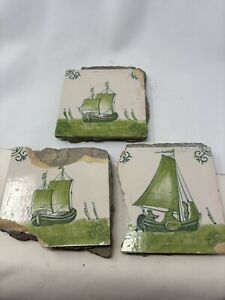 3 Antique Delft Tile Green And White Hand Painted Sailing Ship Salvaged