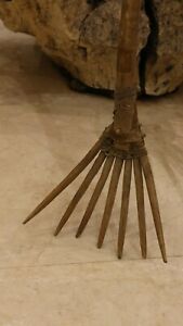 Antique Pitch Fork Primitive Rustic Chicken Claw Foot Split Wood And Leather