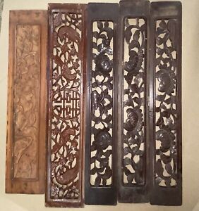 5 Antique Chinese Hand Carved Wood Panel Flowers Plaques Wood 27 X 4 5 