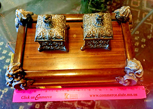 Antique Chinese Silver And Wood Double Inkwells With Dragons On Each Corner