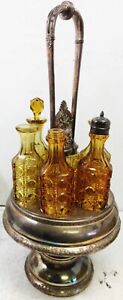 Vintage Amber Six Bottle Cruet Set With Silver Plated Holder