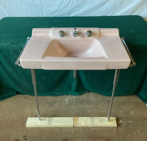 Vtg Mid Century Light Pink Console Bath Sink Chrome Legs Towel Bars Old 87 24e