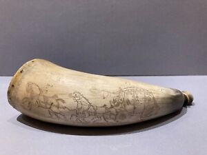 Sale Rare 19thc American Scrimshaw Style Engraved Stagecoach Powder Horn C 1870