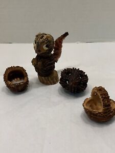 Vtg 50s Folk Art Carved Primitive Wood Seed Nut Squirrel Cradle Rattle Basket