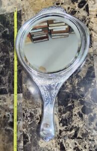  Antique Art Nouveau Silverplated Beveled Glass 11 Hand Held Mirror Mono B