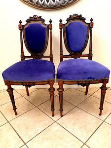 Pair 19c Antique Carved Mahogany Velvet Dutch Side Chairs Hollandia Pander Zon