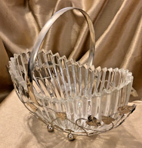 Vtg Bride S Wedding Basket Made In Germany 9 Glass Oval Bowl Silver Floral Base