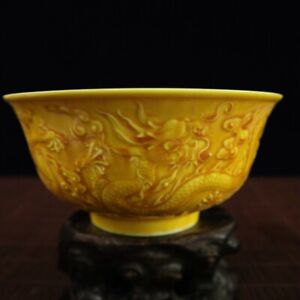 6 2 Collect Chinese Porcelain Yellow Glaze Rilievo Cloud Dragon Big Bowl
