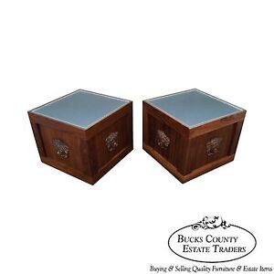 Unusual Pair Of Solid Walnut Cube End Tables W Glass Tops