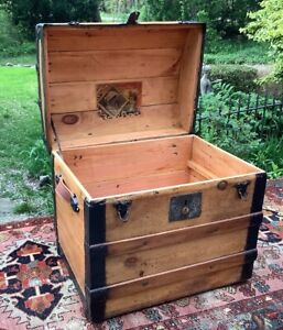 Rare Trunk Antique 1800 S American Country Stage Coach Wood Steamer Half Size