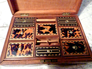 Antique Wooden Sewing Box With Faux Tortoiseshell Lids Silver Ring Handles