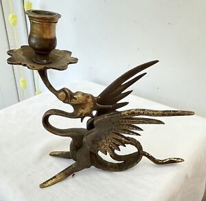 Antique 7 French Gargoyle Candleholder Brass Heavy Taper Gothic Gold Bronze