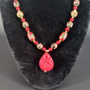 Red Floral Cloisonne Bead Necklace W Beautiful Faux Cinnabar Swan Pendant 16 