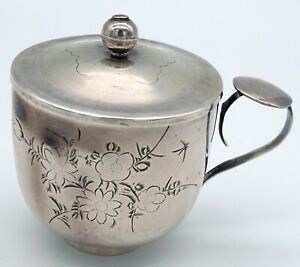Vintage Fine Silver Lidded Single Handle Sugar Bowl With Etched Design Asian
